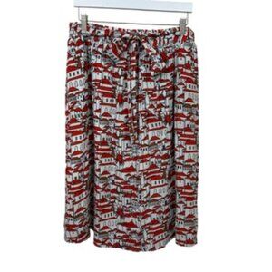 Anthropologie Red White Black Midi City Scape Print Skirt with Tie Size XL